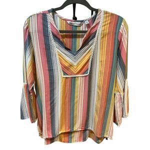 Rebecca Malone 70’s Retro Pastel Striped Lace Trim Top Women’s Size Large Boho
